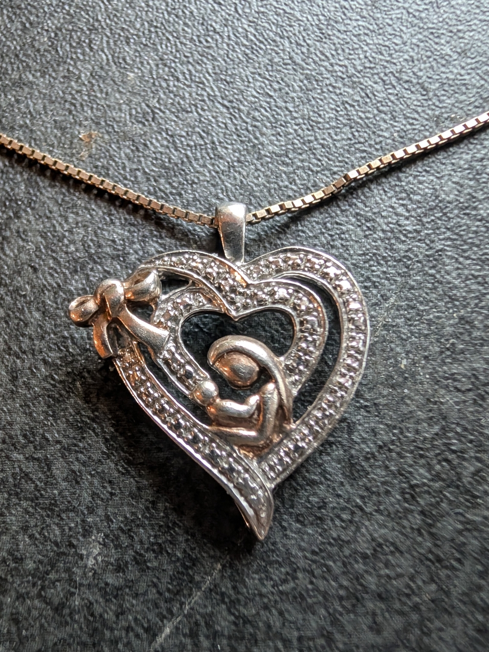 Sterling Heart Mother And Child Pendant 18 Inch Box Chain